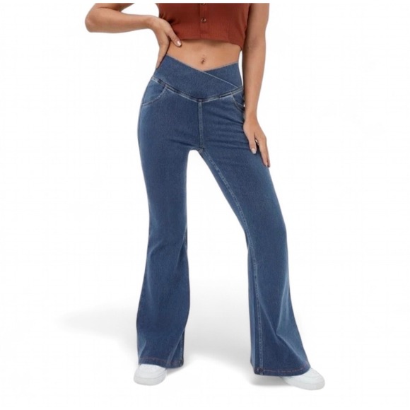 HALARA Pants - Halara Women Crossover High Waisted Flare Bell Denim Look Leggings Blue Large